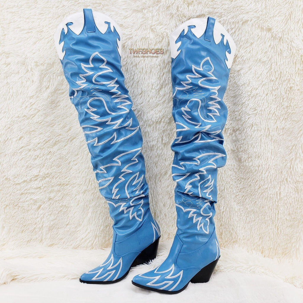 Kelsey 21 Rock Star Turquoise & White Western Slouch OTK Thigh High Cowboy Boots - Totally Wicked Footwear