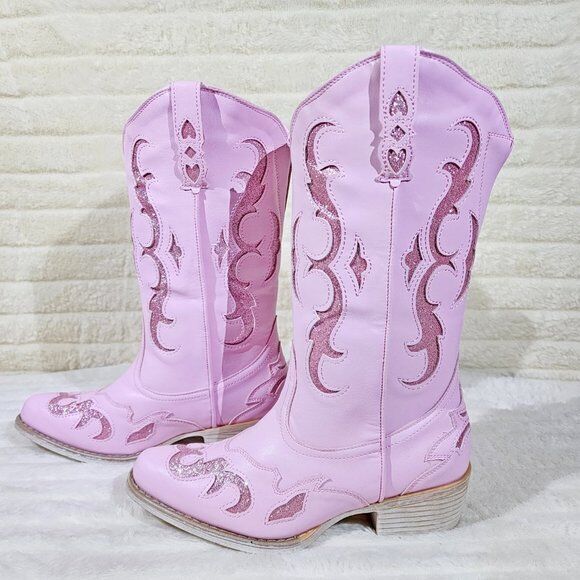 Dazzle Darlings Baby Pink Glitter Inset Cowboy Cowgirl Pull On Mid Calf Boots - Totally Wicked Footwear