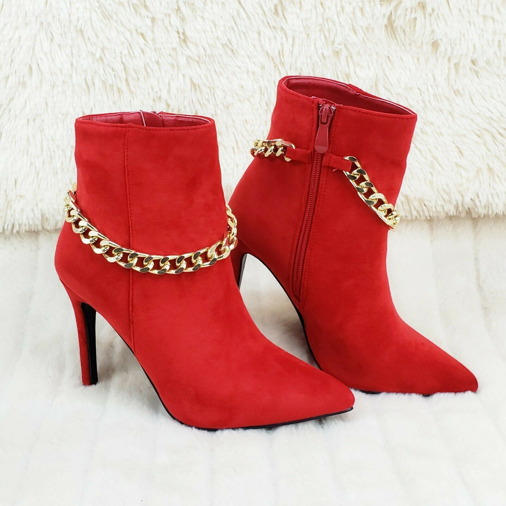 Mata Red FX Suede & Chain Sexy Pointy Toe 4" Stiletto High Heel Ankle Boots - Totally Wicked Footwear