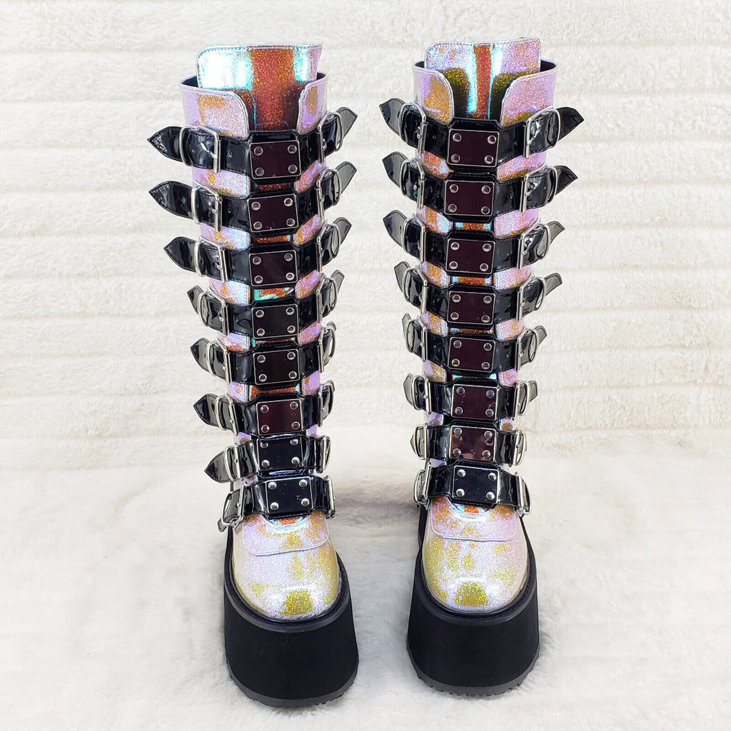 Damned 318 Multi Strap 3.5" Platform Cyber Punk Knee Boots Pink Hologram  NY - Totally Wicked Footwear