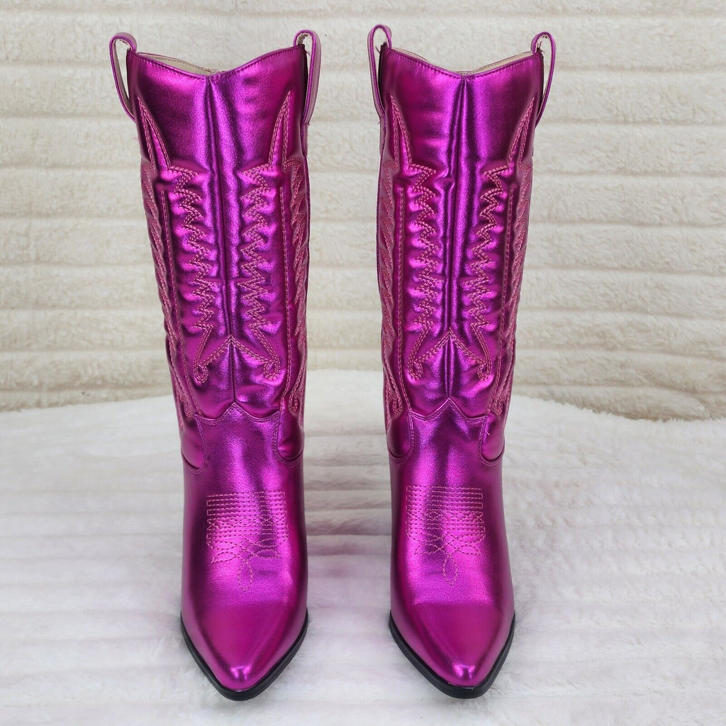Disco Cowgirl Metallic Hot Pink Cowboy Knee Boots Western Block Heels US Sizes - Totally Wicked Footwear