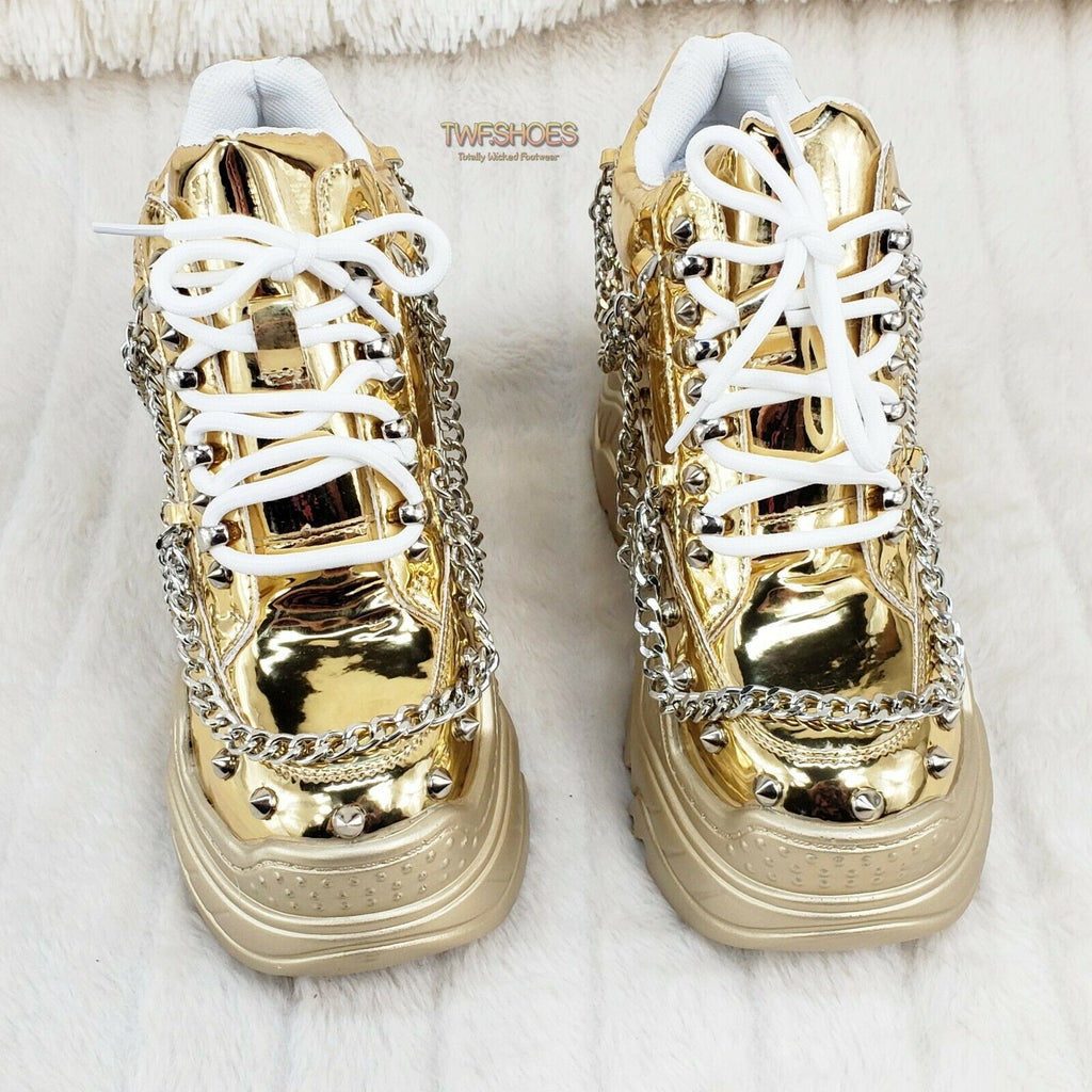 Wang Gold Platform Chain Sneaker Hidden Wedge Fashion Street Kicks - Totally Wicked Footwear