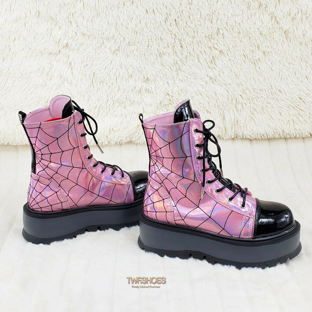 Slacker 88 Pink Hologram Spider Web Design Up Ankle Boots US 6-12 Goth NY - Totally Wicked Footwear