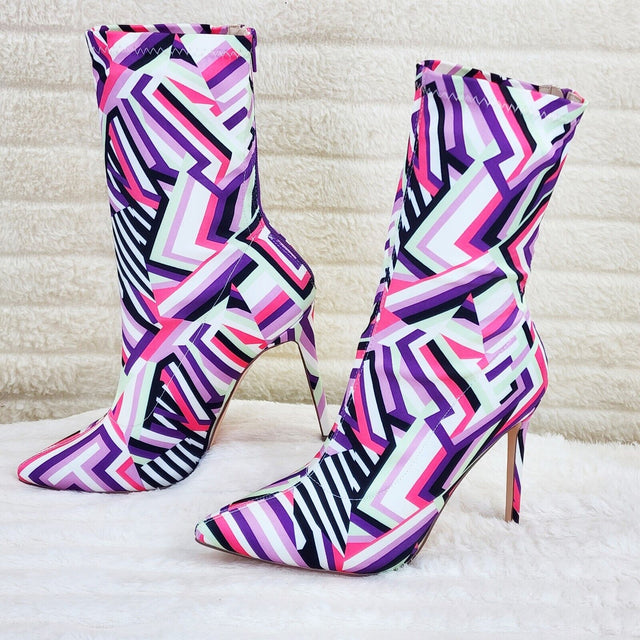 Odin Crazy Wild Color Pattern High Heel Stretch Fabric Ankle Boots - Purple Pink - Totally Wicked Footwear