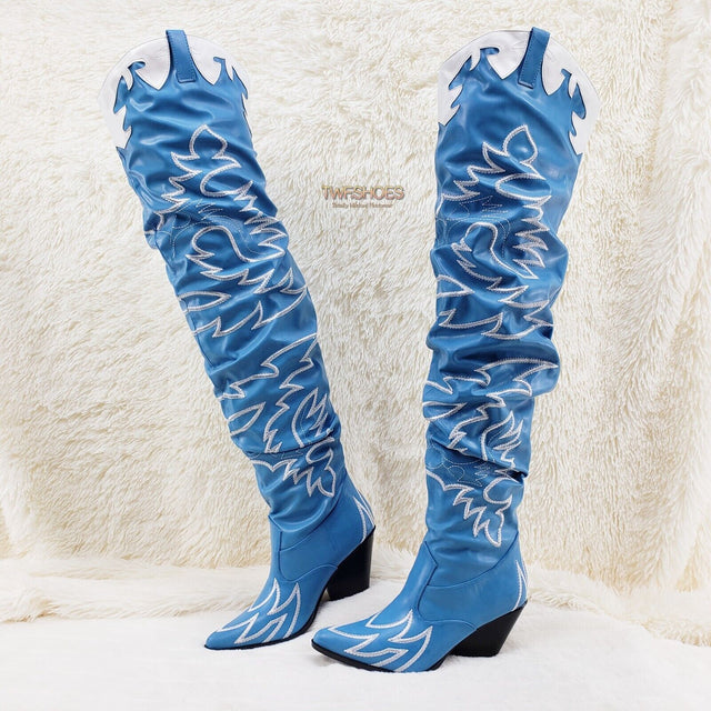 Kelsey 21 Rock Star Turquoise & White Western Slouch OTK Thigh High Cowboy Boots - Totally Wicked Footwear