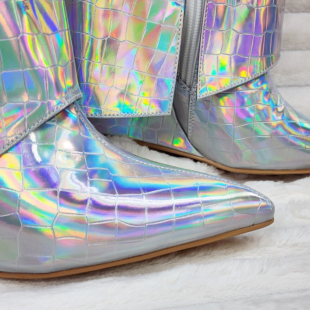 Vision Royal Silver Hologram Wedge Heel Fold Over Skirted Ankle Boots - Totally Wicked Footwear