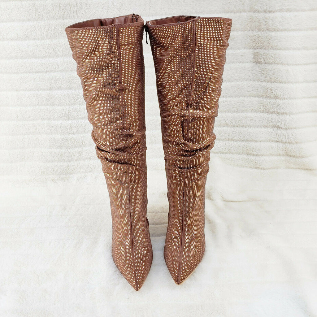 Sparkle Trend Brown Rhinestone Slouchy Scrunch High Heel Knee Boots - Totally Wicked Footwear