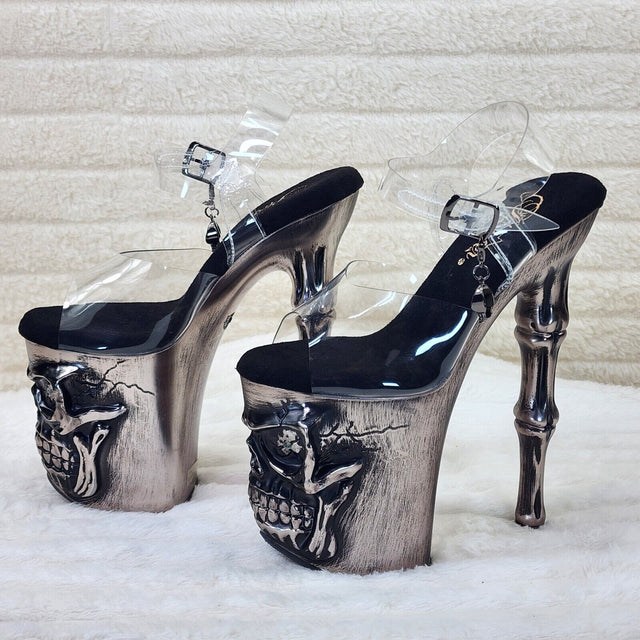 Rapture Clear Pewter Skull & Bones LED 8" High Heel Platform Shoes 5-10 NY - Totally Wicked Footwear