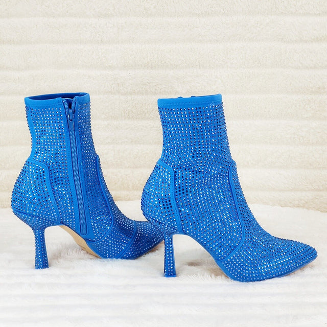 Stunning Bright Blue Stretch Rhinestone Ankle Boots 3.5" Heels New - Totally Wicked Footwear