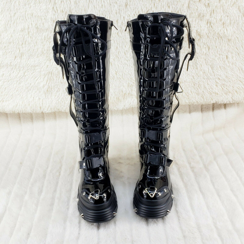 Wang Black Patent Punk Festival 2" Platform 4.5" Wedge Knee Boot Space Cookies - Totally Wicked Footwear