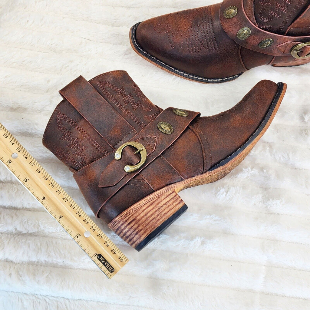 Wild West Brown Distressed Western Cowgirl Pull On Ankle Boots - Totally Wicked Footwear