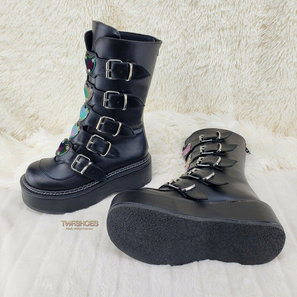 Demonia Emily 330 Black Matte 2" Platform Metal Heart Plate Combat Boots 6-12 NY - Totally Wicked Footwear