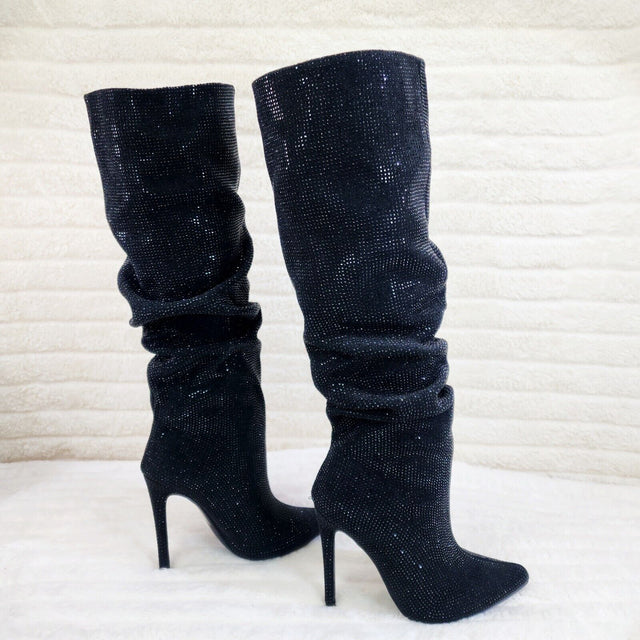 Radiant Black Rhinestone High Heel Stiletto Slouch Knee High Boots - Totally Wicked Footwear