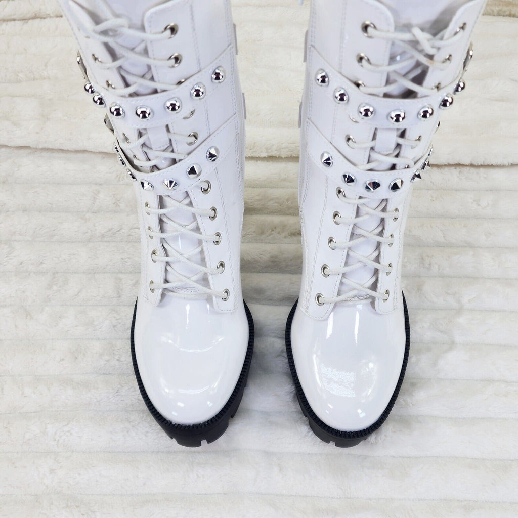 Bright White Patent Lug Sole Studded Strap Ankle Boots Temptress - Totally Wicked Footwear