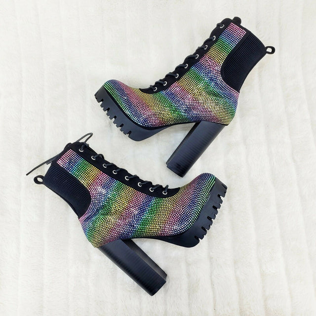 Wild Diva Veronica Rainbow Rhinestone Chunky Heel Ankle Boots Black - Totally Wicked Footwear