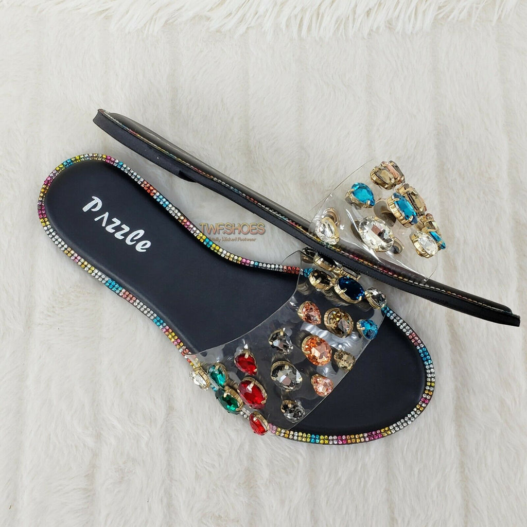 Bella Luna Colorful Rhinestone Flat Summer Sandals Metallic Black Isabella 05 - Totally Wicked Footwear