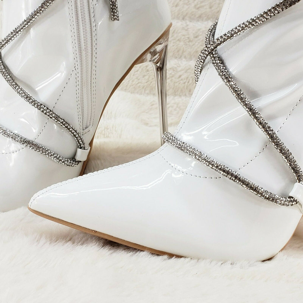 Destiny White Stretch Patent Cable Rhinestone Strap High Heel Ankle Boots - Totally Wicked Footwear