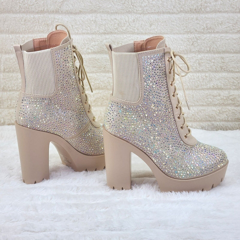 Barri Nude Beige Cream Rhinestone Chunky Heel Platform Ankle Boots - Totally Wicked Footwear