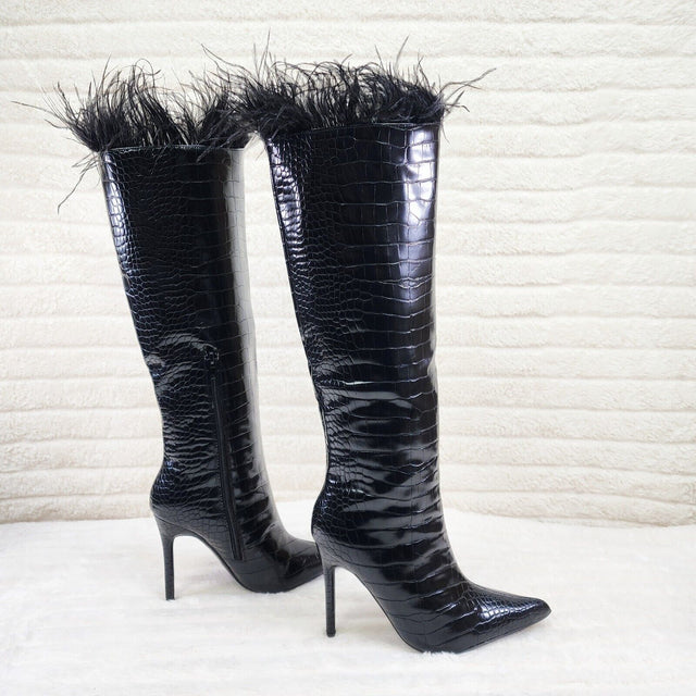 Flirty Black Snake Texture Knee High Heel Stiletto Boots Sexy Feather Top - Totally Wicked Footwear