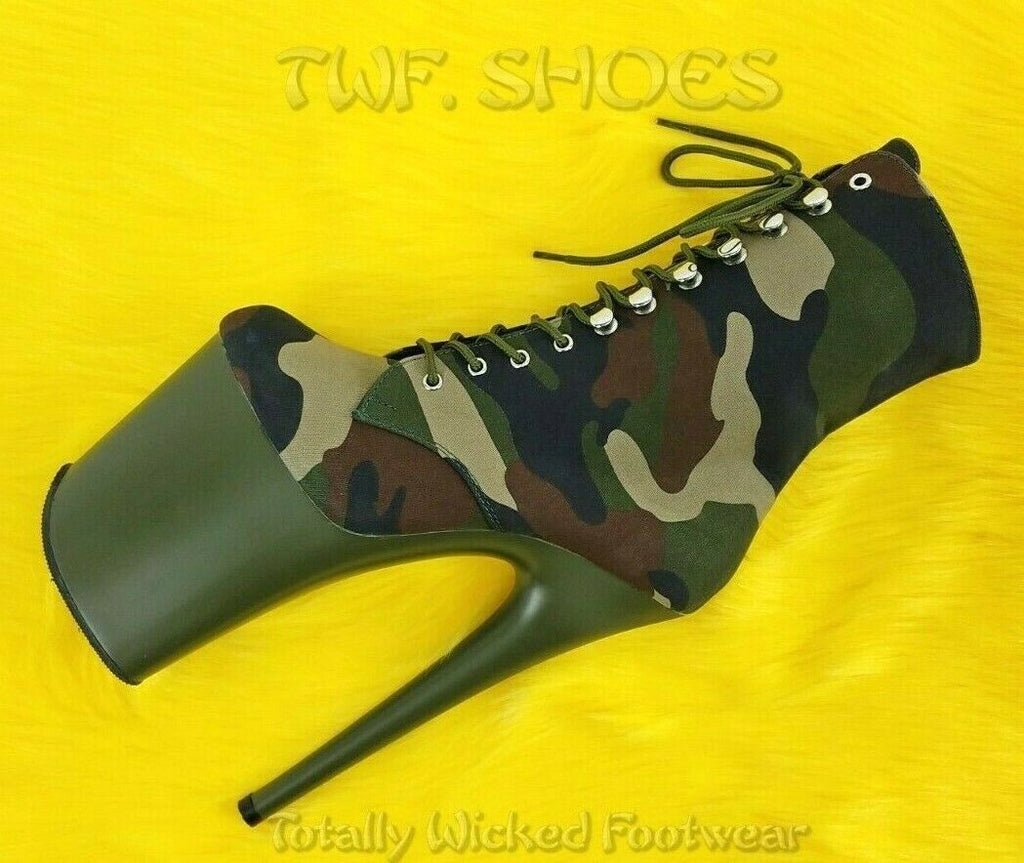 Flamingo 1020 Green Camo Olive Platform 8" High Heel Lace Up Ankle Boots 7-12 NY - Totally Wicked Footwear
