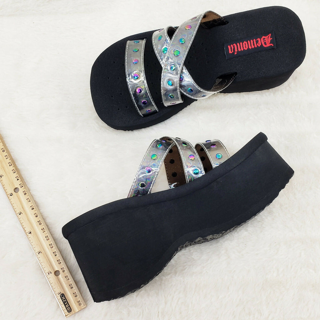 Funn Platform Goth Sandals Studded Hologram Triple Strap Slip On Shoes In House - Totally Wicked Footwear
