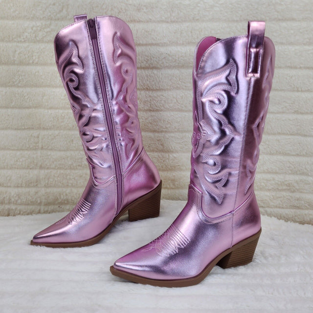 Disco Cowgirl Metallic Pink Cowboy Knee Boots Western Block Heels US Sizes - Totally Wicked Footwear