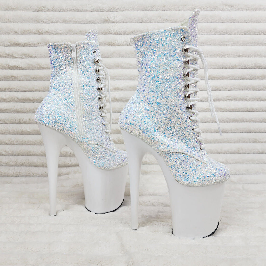 Flamingo White Ice UV Glitter 8" Heel Platform Ankle Boots US 6-12 NY - Totally Wicked Footwear