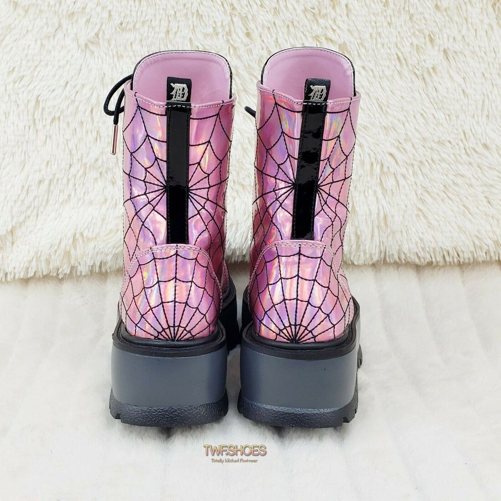 Slacker 88 Pink Hologram Spider Web Design Up Ankle Boots US 6-12 Goth NY - Totally Wicked Footwear