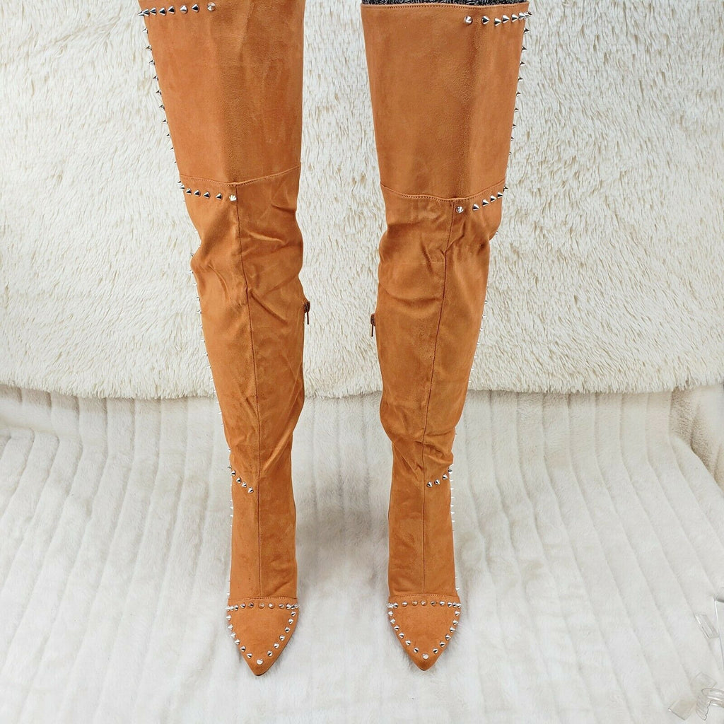Steph Tan Camel Faux Suede Silver Tone Studded Thigh High Chunky Heel Boots - Totally Wicked Footwear
