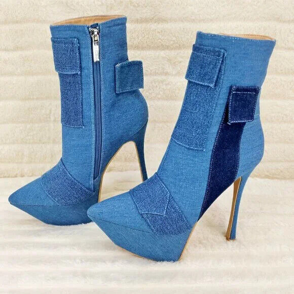 Kinder Pointy Toe Platform Stiletto Heel Ankle Boots Denim Patchwork - Totally Wicked Footwear