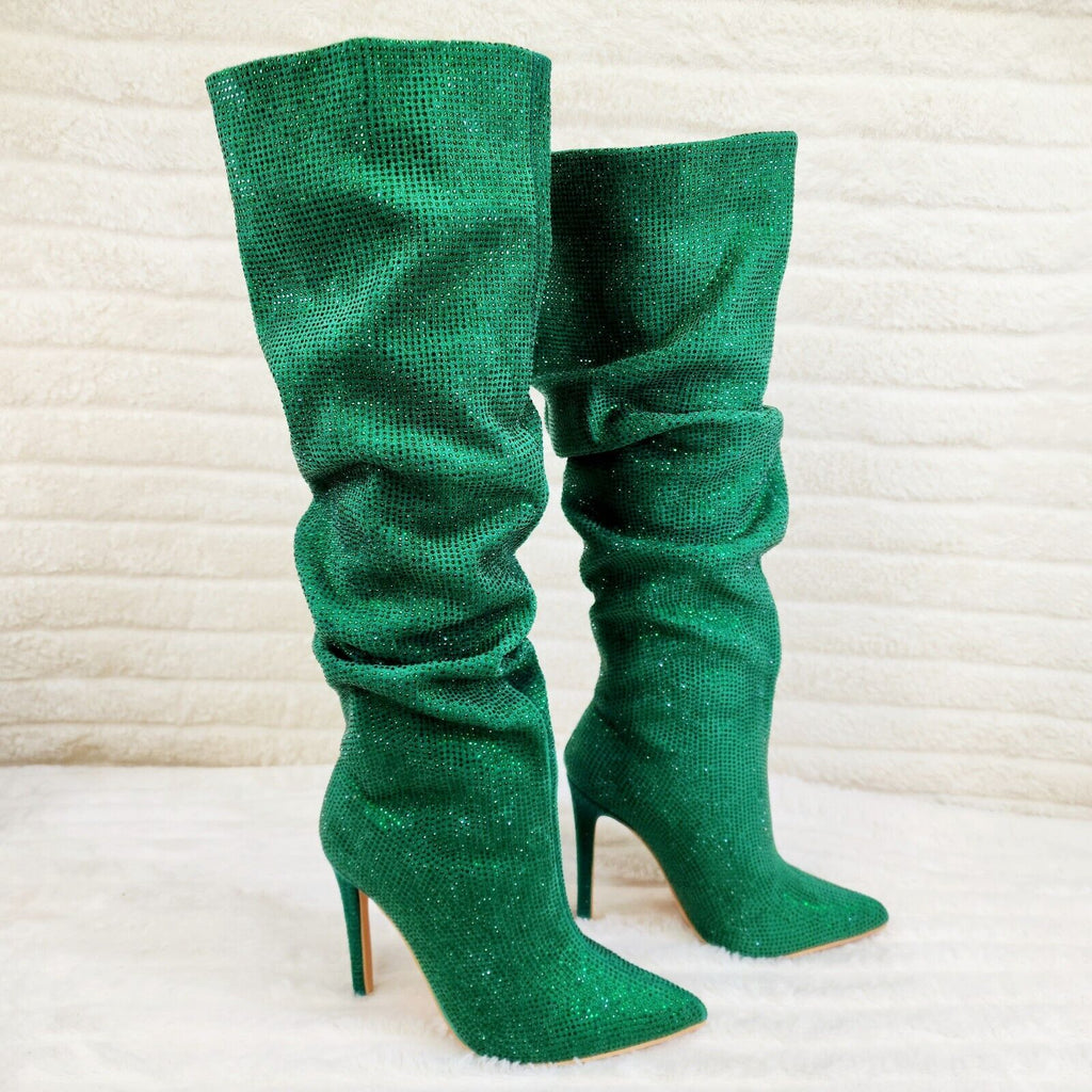 Radiant Emerald Green Rhinestone High Heel Slouch Knee High Boots - Totally Wicked Footwear