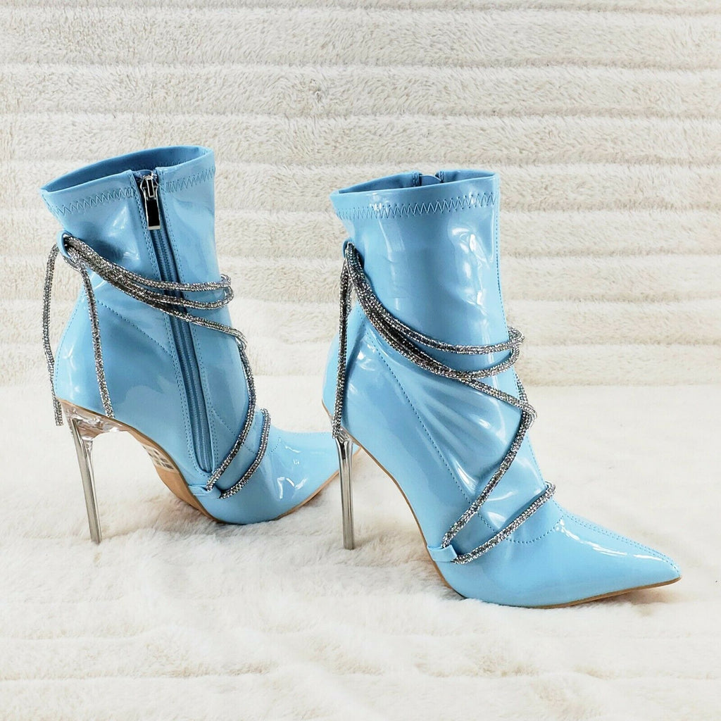 Destiny Baby Blue Stretch Patent Cable Rhinestone Strap High Heel Ankle Boots - Totally Wicked Footwear