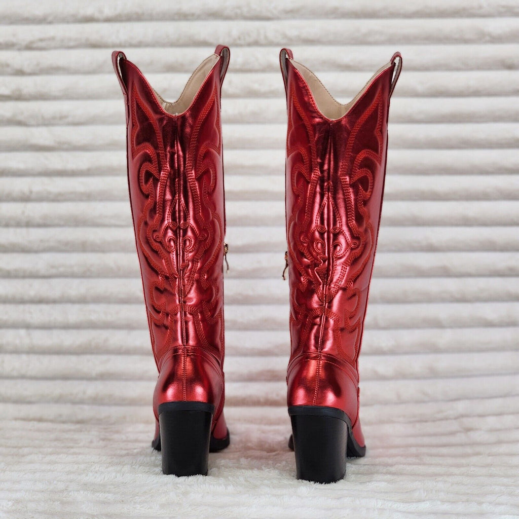 Electric Cowboy Brush Metallic Matte Western Knee High Cowgirl Boots Red - Totally Wicked Footwear