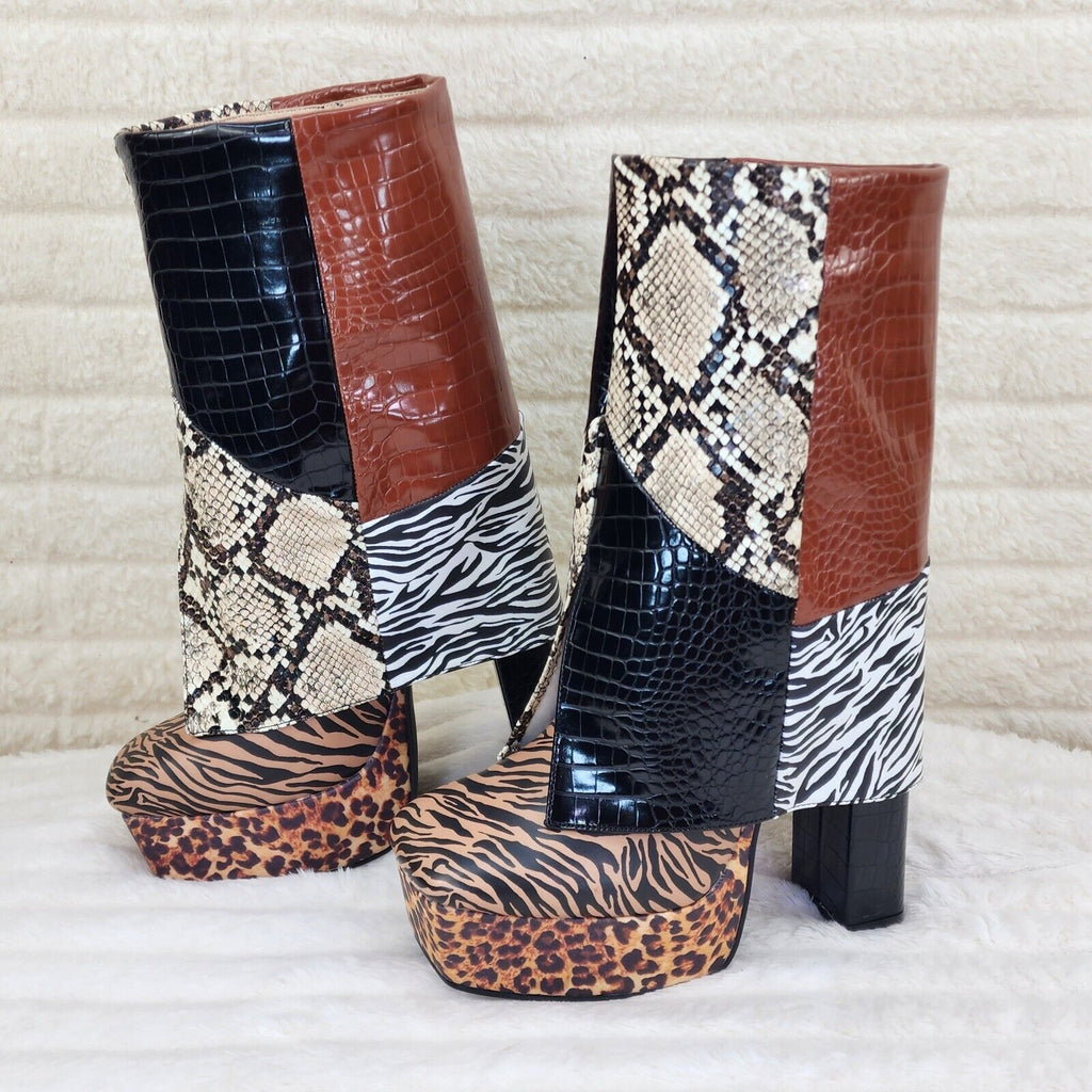 Riches Animal Print Block Skirted Chunky Heel Pull On Platform Boots - Totally Wicked Footwear