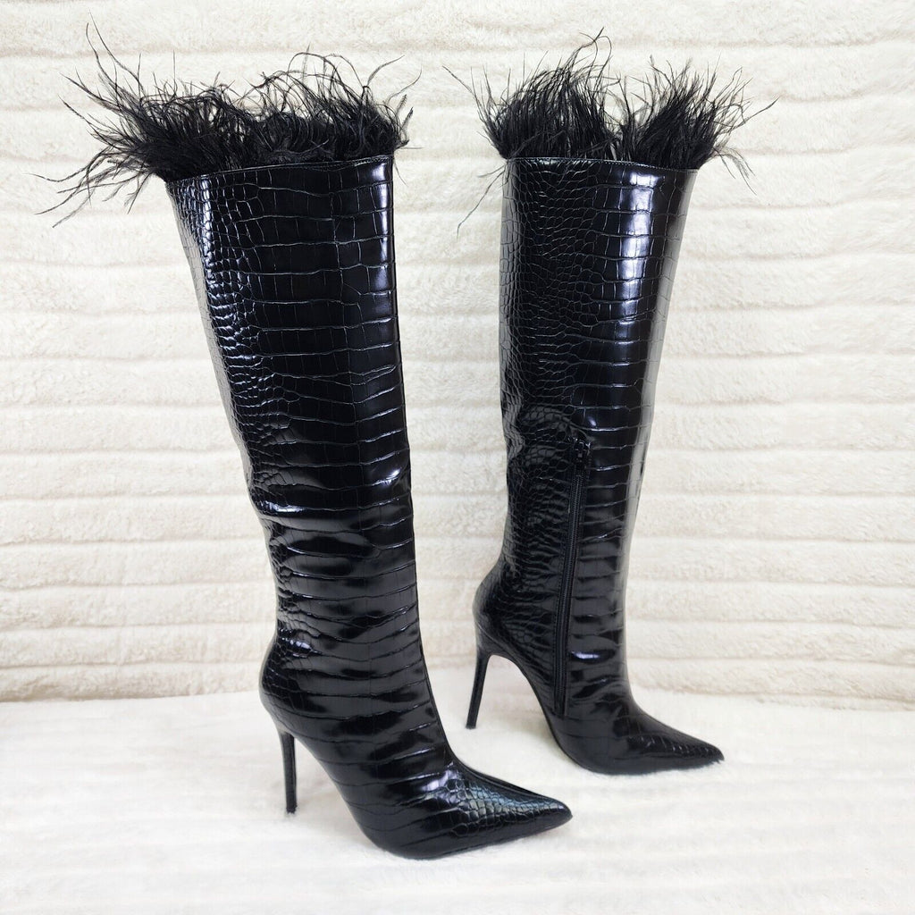 Flirty Black Snake Texture Knee High Heel Stiletto Boots Sexy Feather Top - Totally Wicked Footwear