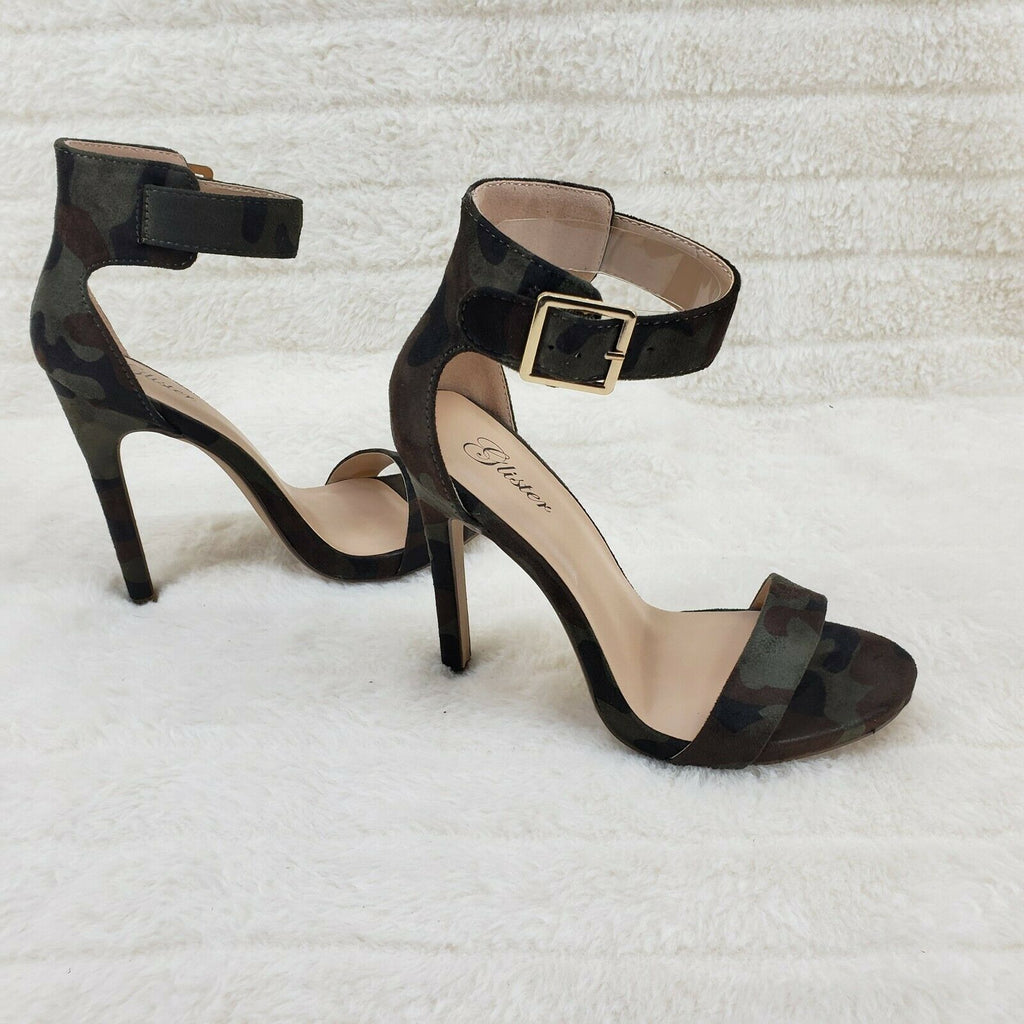 Sexy Faux Suede Camo Ankle Strap 4.5" High Heel Shoes Heels Glister - Totally Wicked Footwear