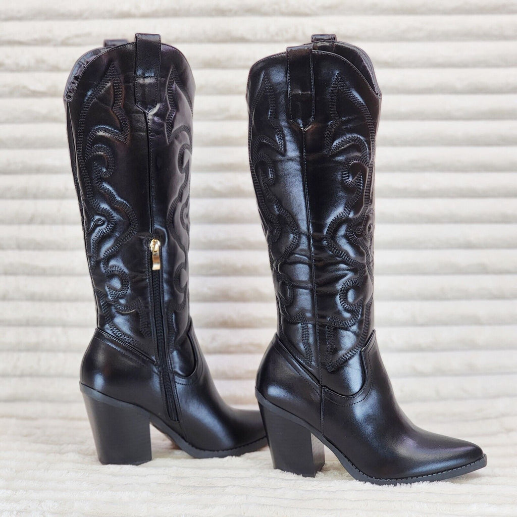 Electric Cowboy Brush Metallic Matte Western Knee High Cowgirl Boots Jet Black - Totally Wicked Footwear