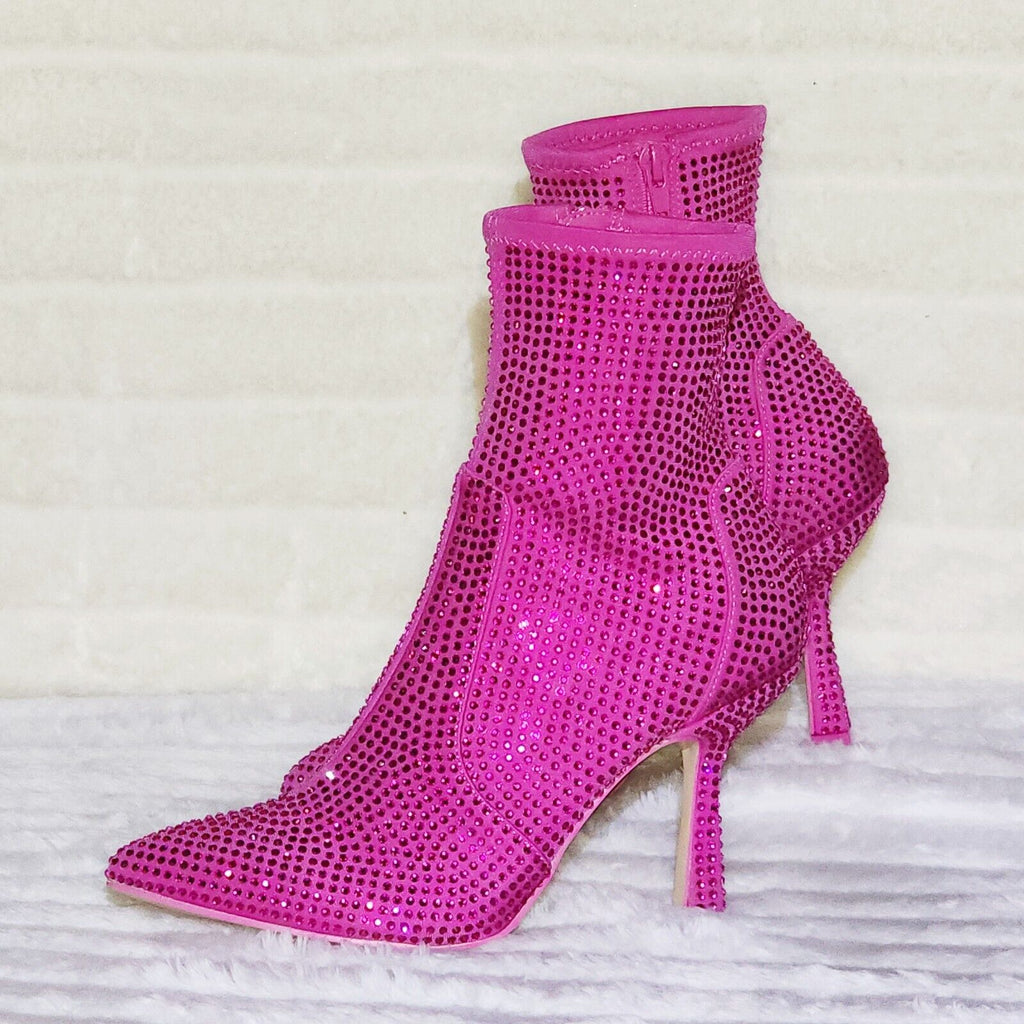 Stunning Fuchsia Hot Pink Stretch Rhinestone Ankle Boots 3.5" Heels - Totally Wicked Footwear