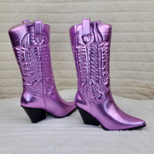 Disco Cowgirl Metallic Lilac Purple Cowboy Knee Boots Western Block Heels US - Totally Wicked Footwear