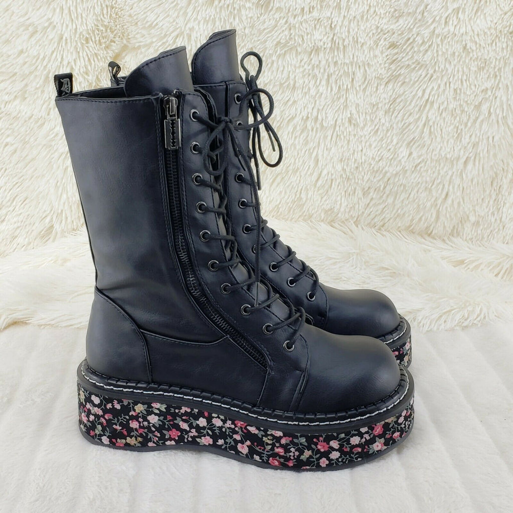 Demonia Emily 350 Black Matte Floral 2" Platform Combat Boots Restocked NY - Totally Wicked Footwear