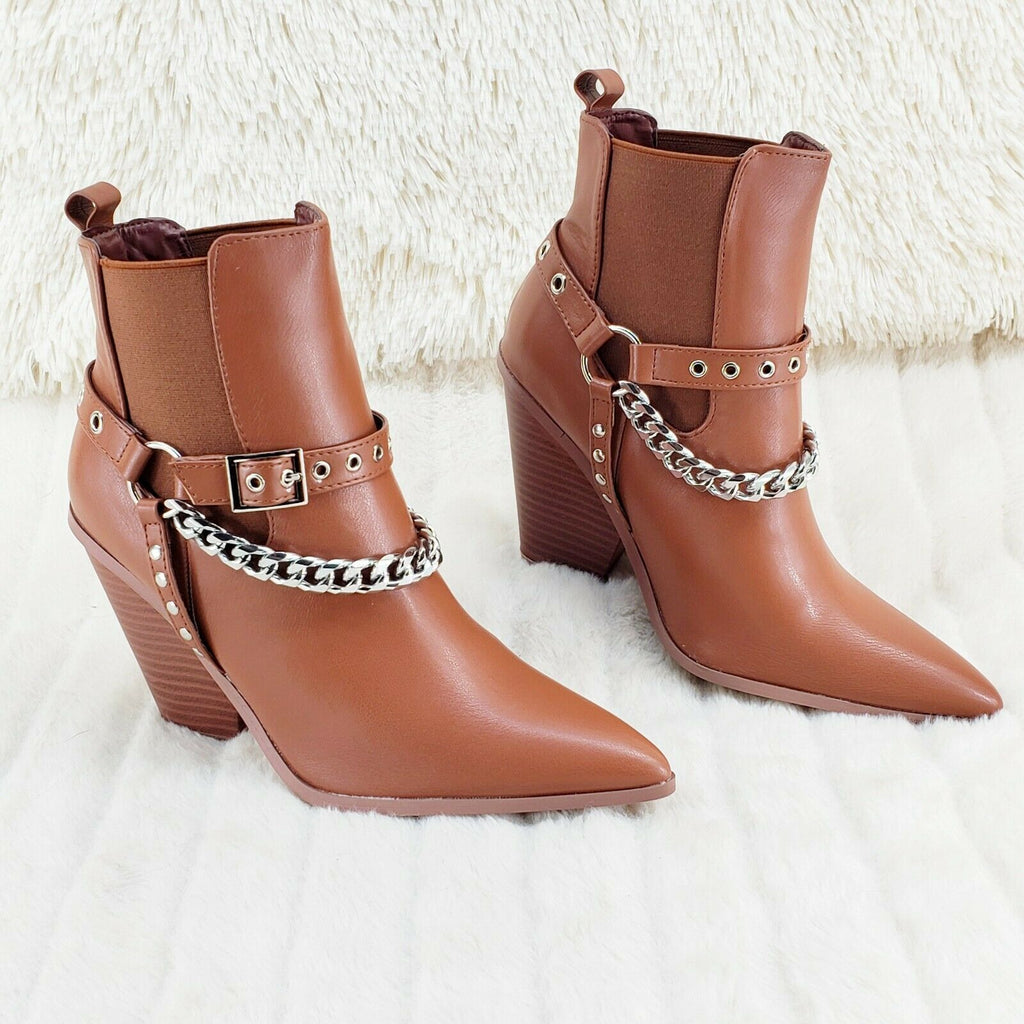 Dimitri Western Chain Strap Cowboy / Cowgirl Pull Ankle Boots Tan 6-11 - Totally Wicked Footwear