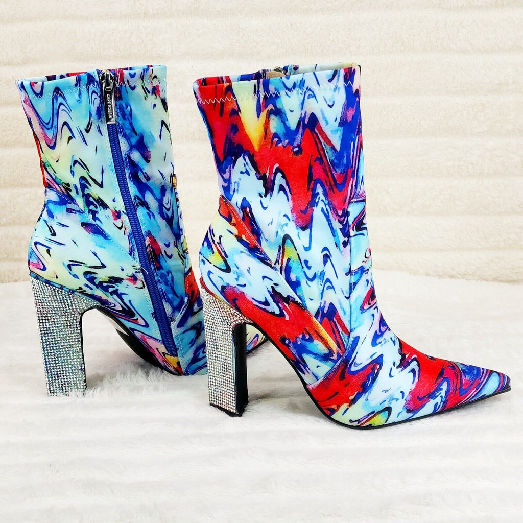 Regal Multi Color Print Stretch Upper Rhinestone Heel Ankle Boots - Totally Wicked Footwear
