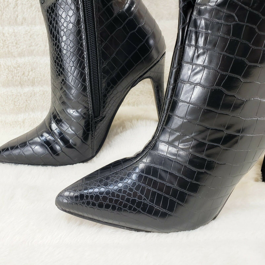Always Trendy Black Croc Slouchy Scrunch High Heel Knee Boots - Totally Wicked Footwear