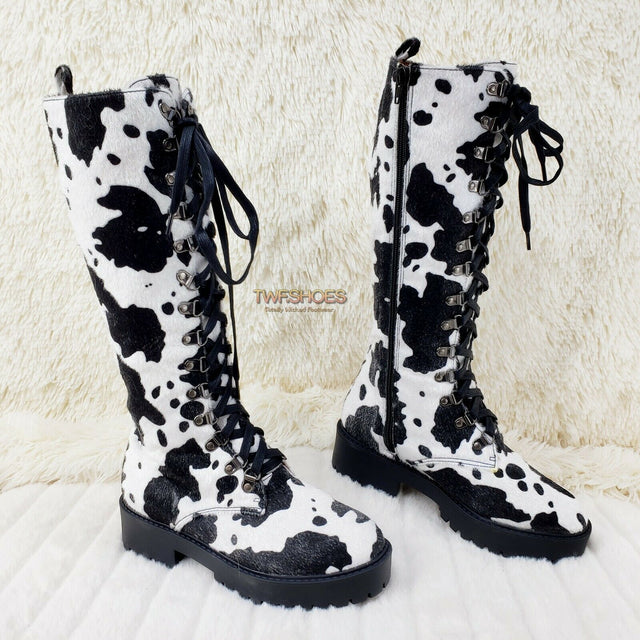 Savage Goth Punk Rock Faux Cow Fur Lace Up Platform Combat Knee Boots - Totally Wicked Footwear