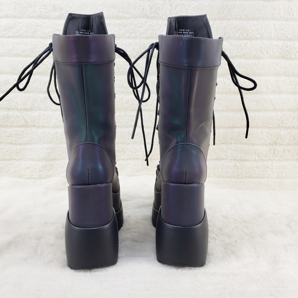 Void Purple Green Reflective Platform Wedge Mid Calf Boots IN HOUSE NY Demonia - Totally Wicked Footwear