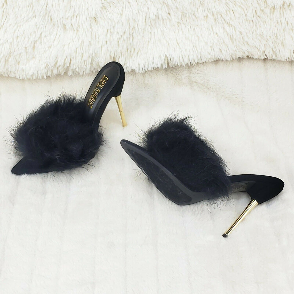 Fuji Furry Pointy Toe Slip On 4.5" Gold Tone Slim Heels Black - Totally Wicked Footwear