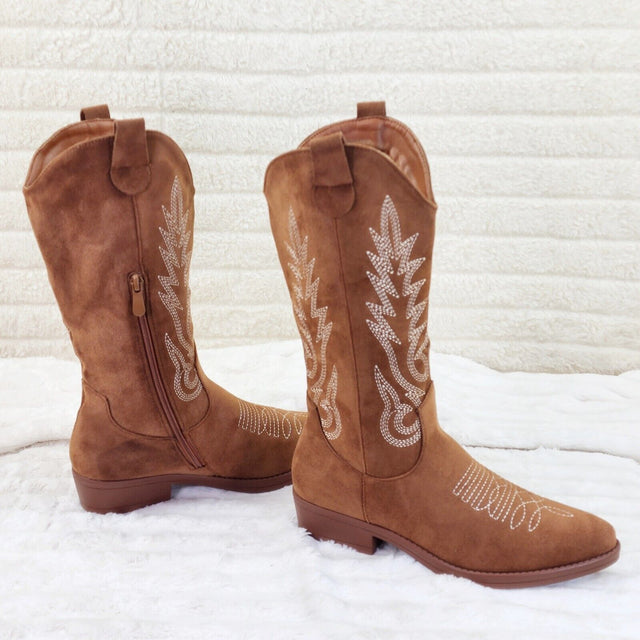 Bella Western Mid-calf Cowboy Cowgirl Boots Tan Low 1.5" Heels Tan Faux Suede - Totally Wicked Footwear