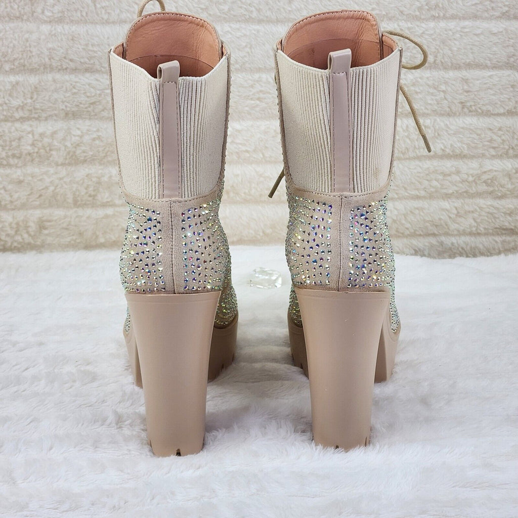Barri Nude Beige Cream Rhinestone Chunky Heel Platform Ankle Boots - Totally Wicked Footwear
