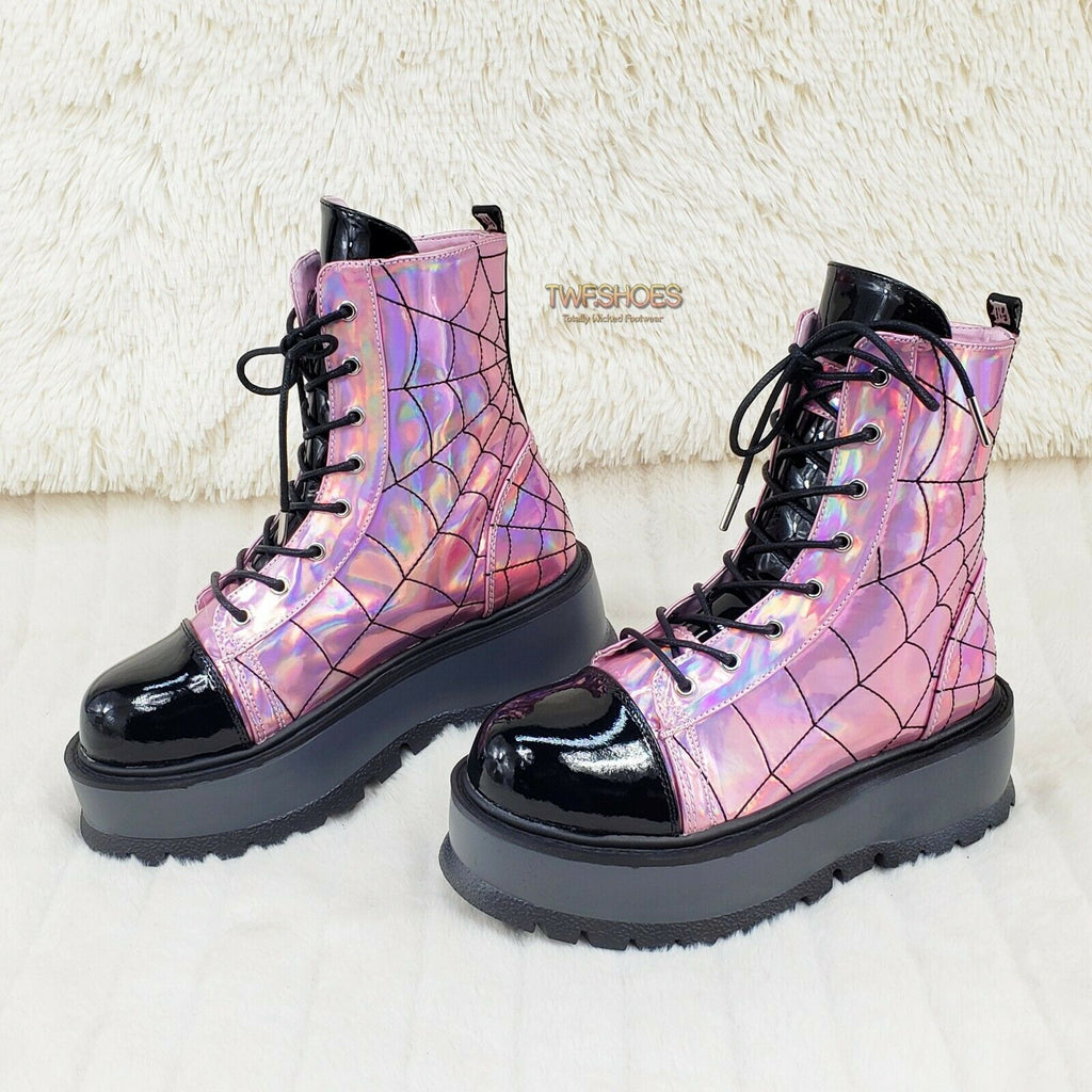 Slacker 88 Pink Hologram Spider Web Design Up Ankle Boots US 6-12 Goth NY - Totally Wicked Footwear