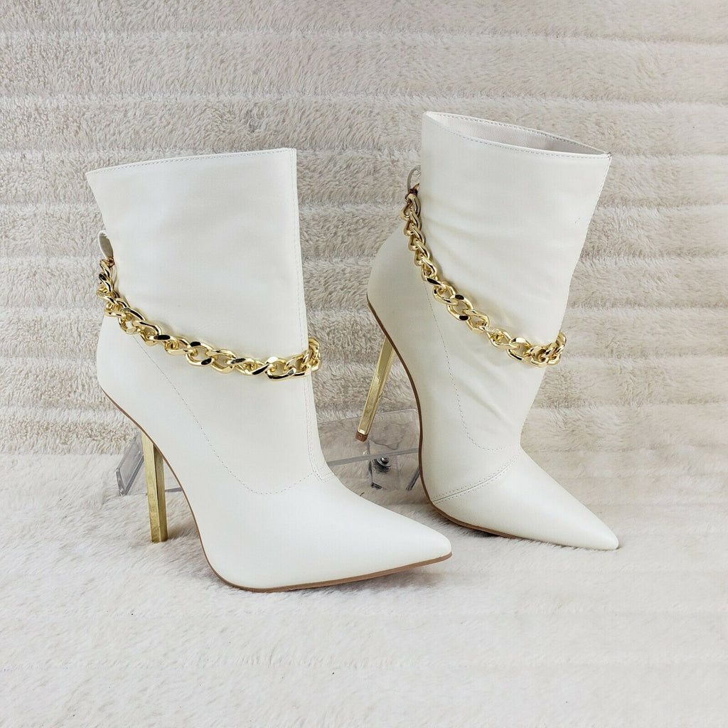 Venomous White Pointy Toe Spike Stiletto Heel Ankle Boots Gold Tone Chain - Totally Wicked Footwear